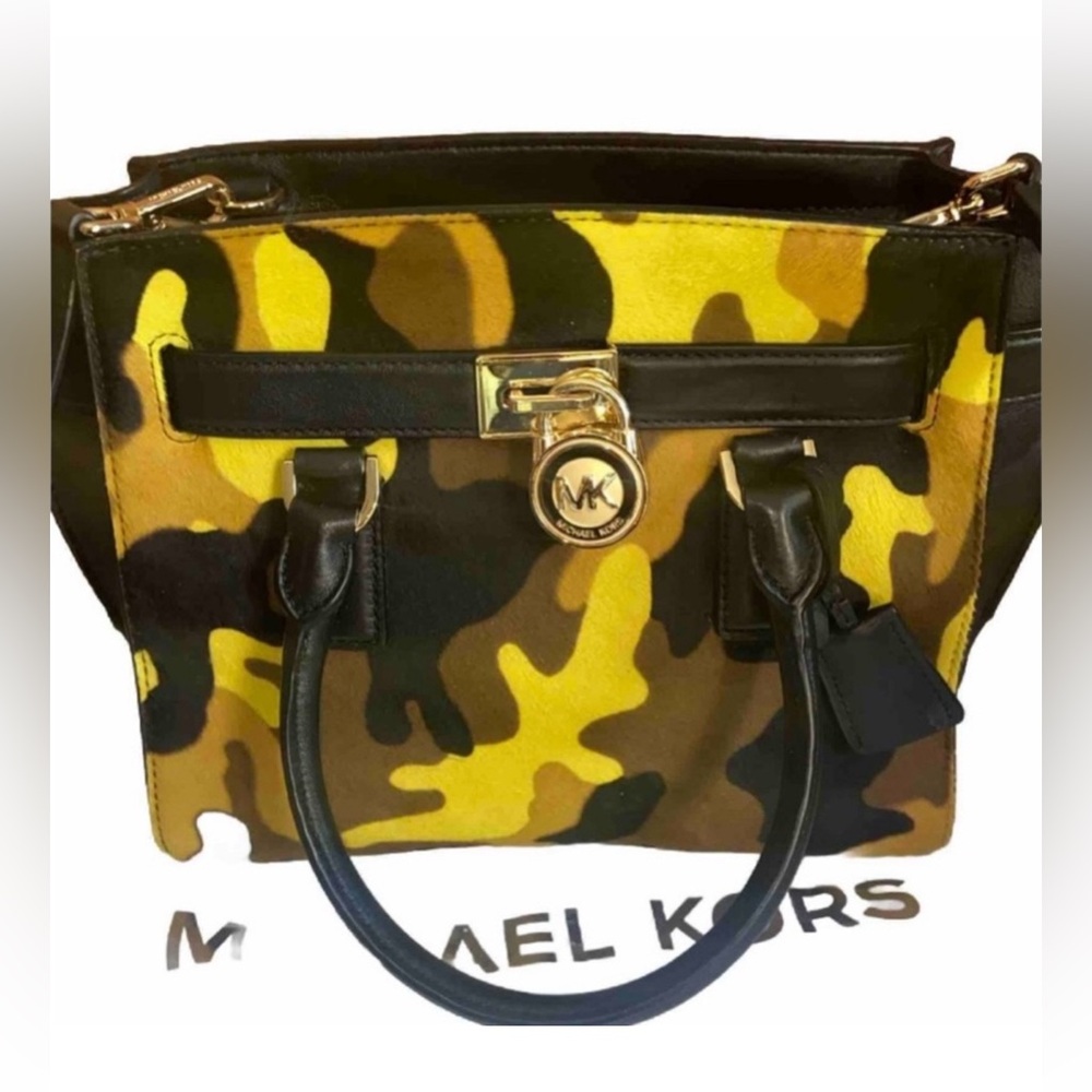 Michael Kors Hamilton Camouflage Acid Yellow Haircalf & Leather Shoulder Bag GUC
